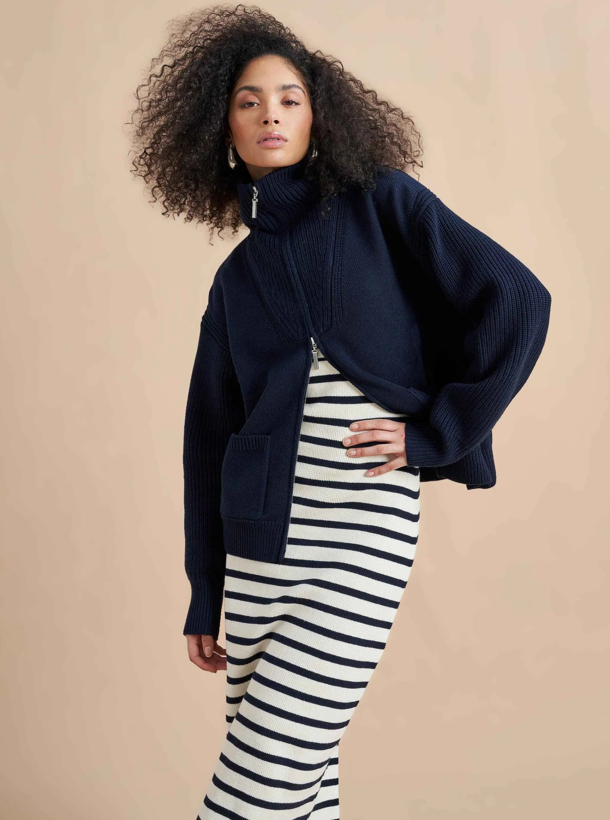 La Ligne Sweaters*Bastien Full Zip Sweater Navy