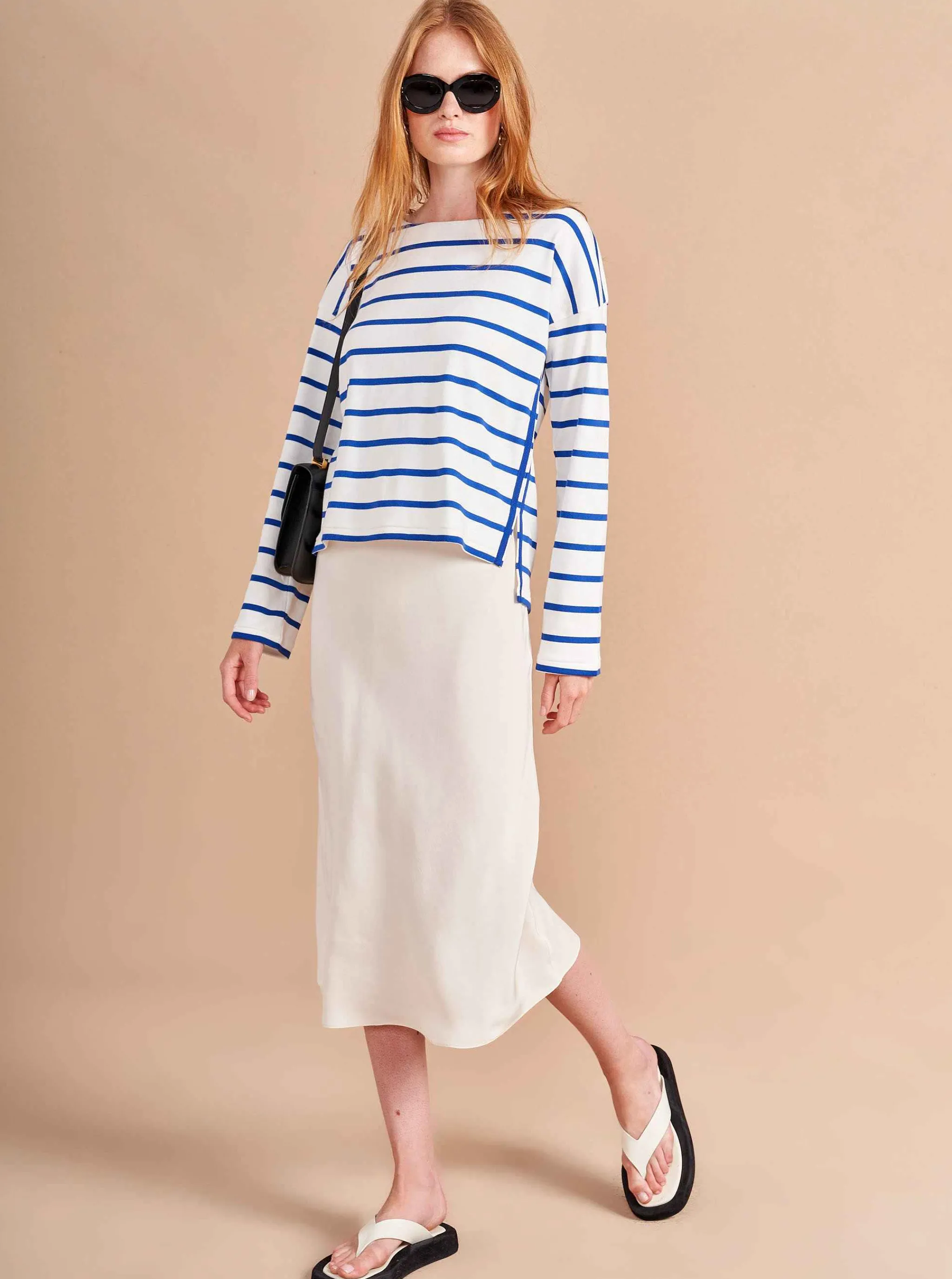 La Ligne Tops*Breton Long Sleeve Tee Ivory/Cobalt