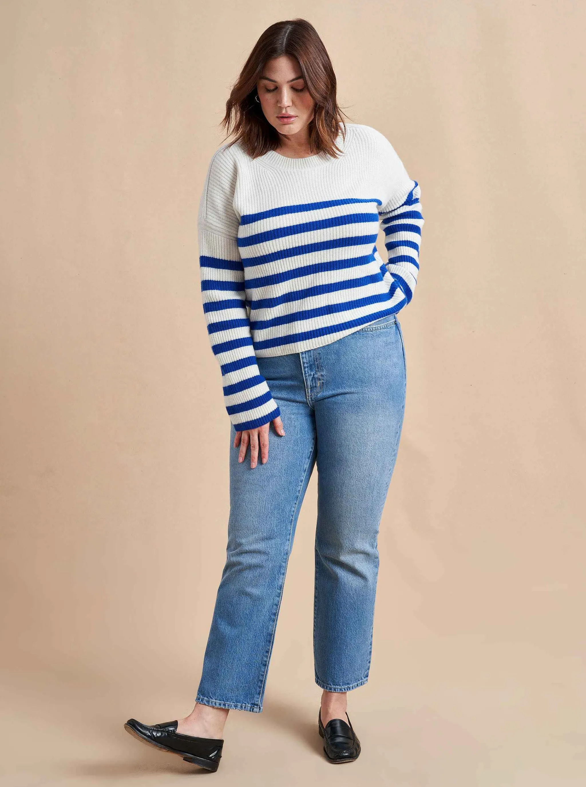 La Ligne Sweaters*Mini Striped Toujours Sweater Cream/Cobalt