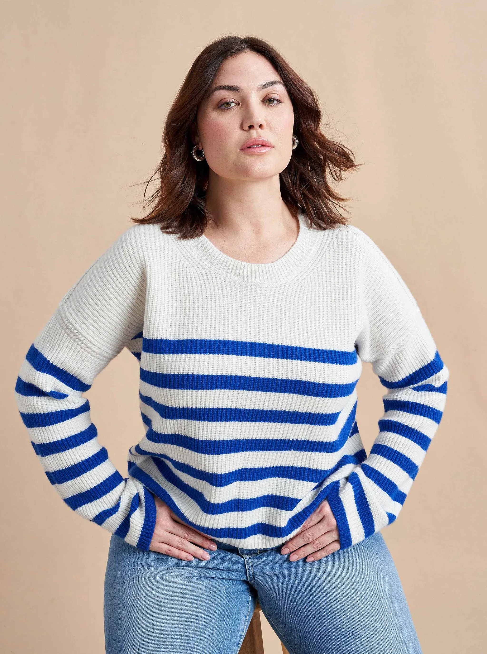 La Ligne Sweaters*Mini Striped Toujours Sweater Cream/Cobalt