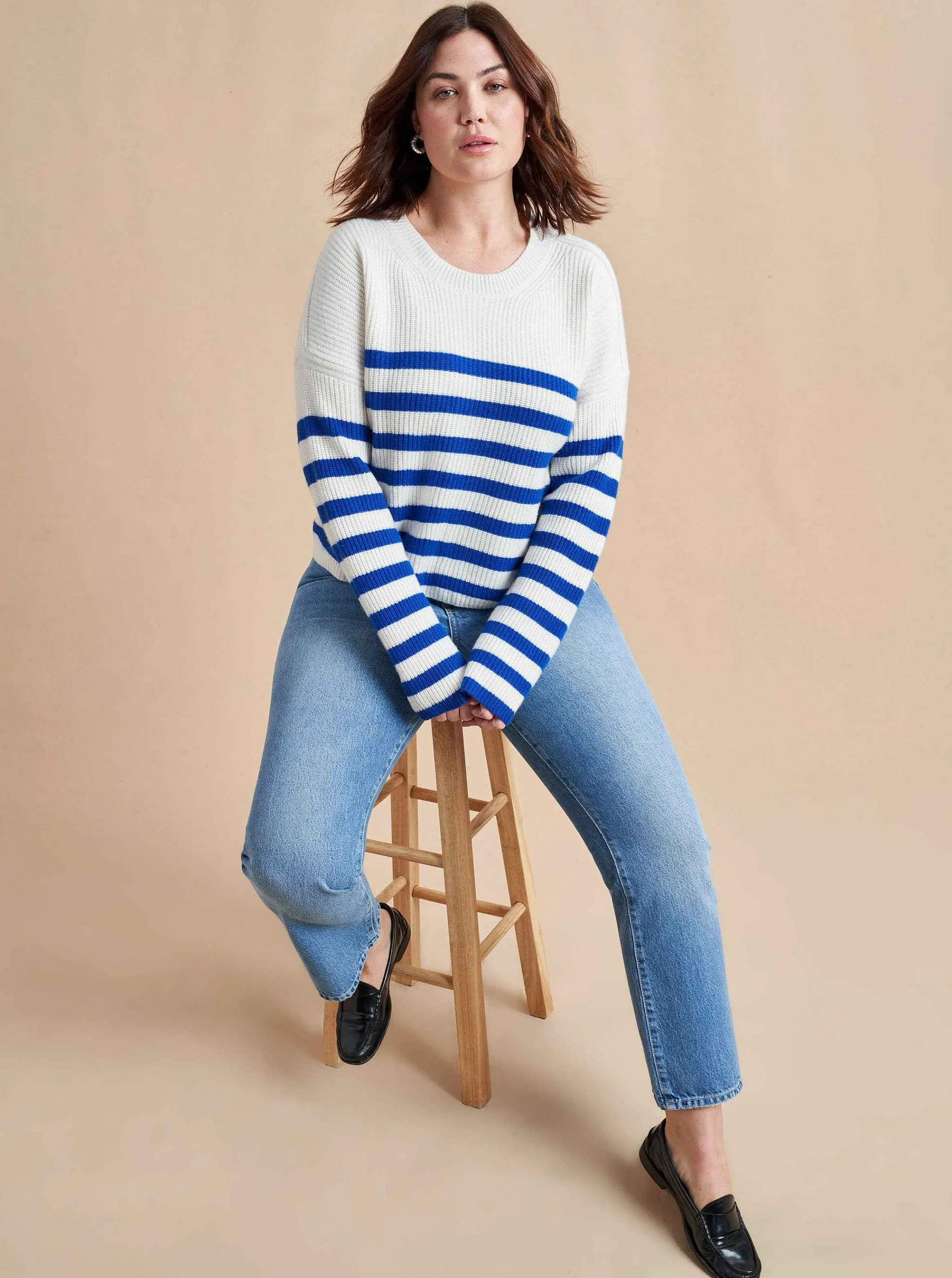 La Ligne Sweaters*Mini Striped Toujours Sweater Cream/Cobalt