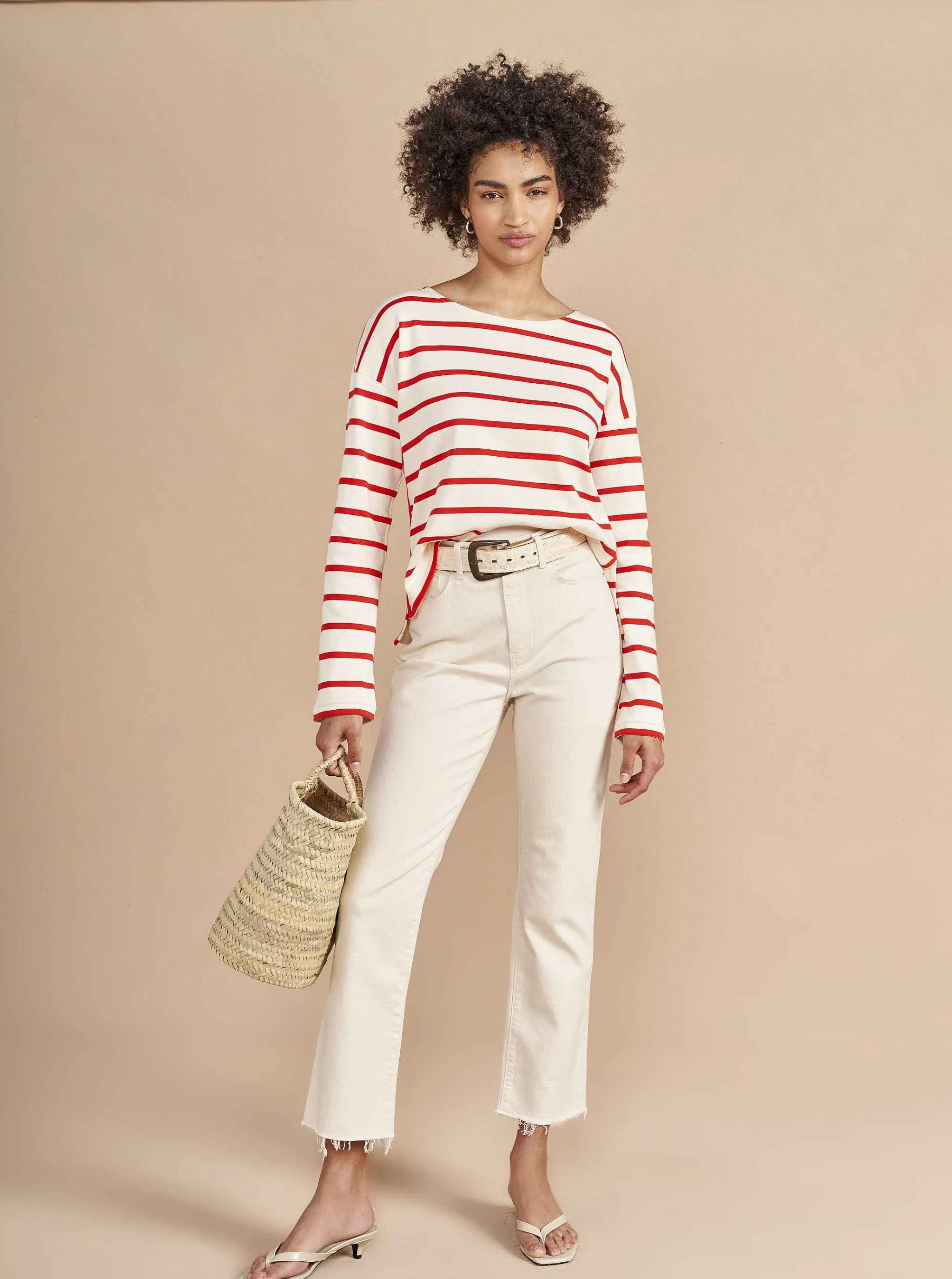 La Ligne Tops*Breton Long Sleeve Tee Cream/Poppy