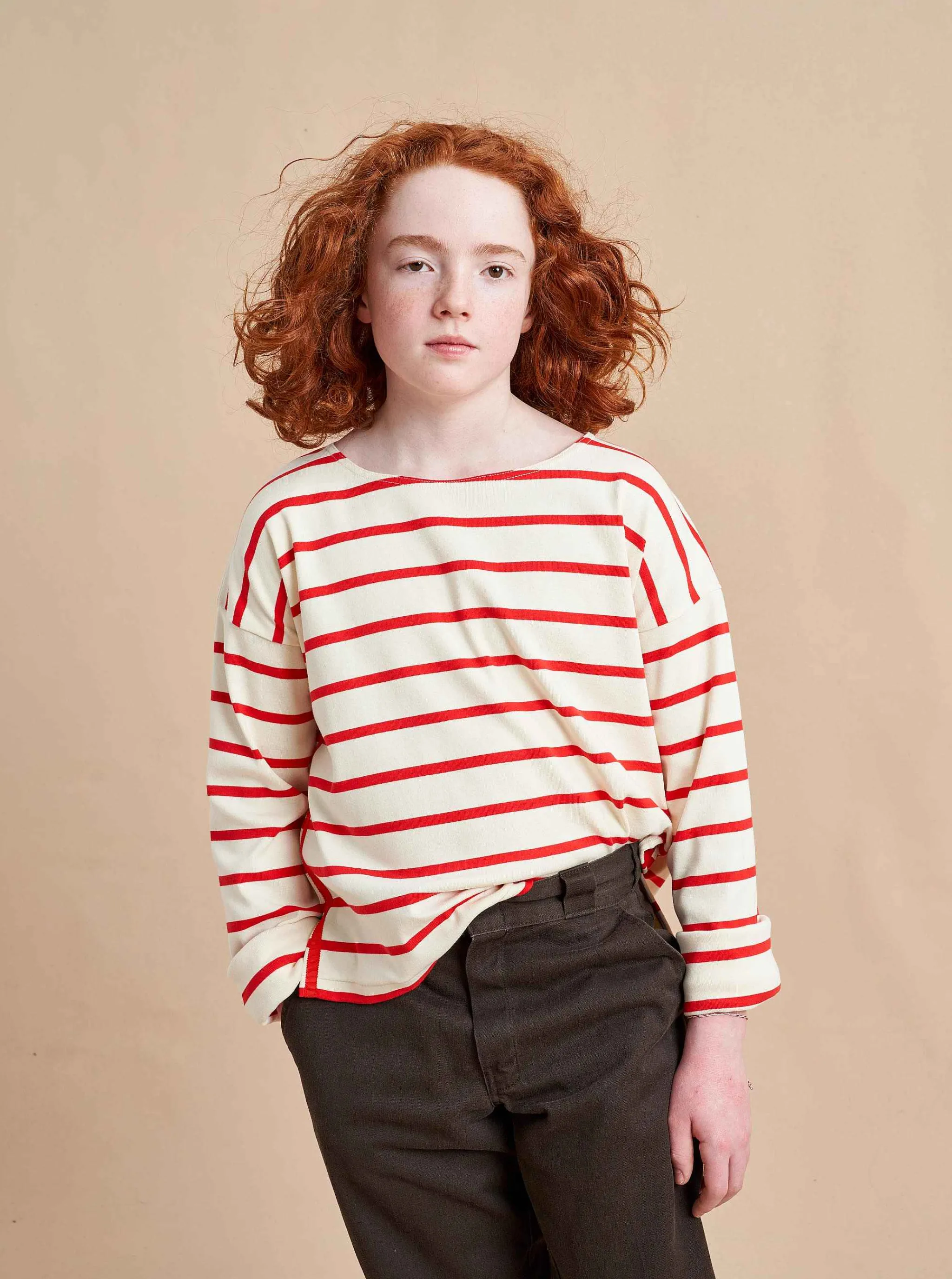 La Ligne Tops*Breton Long Sleeve Tee Cream/Poppy