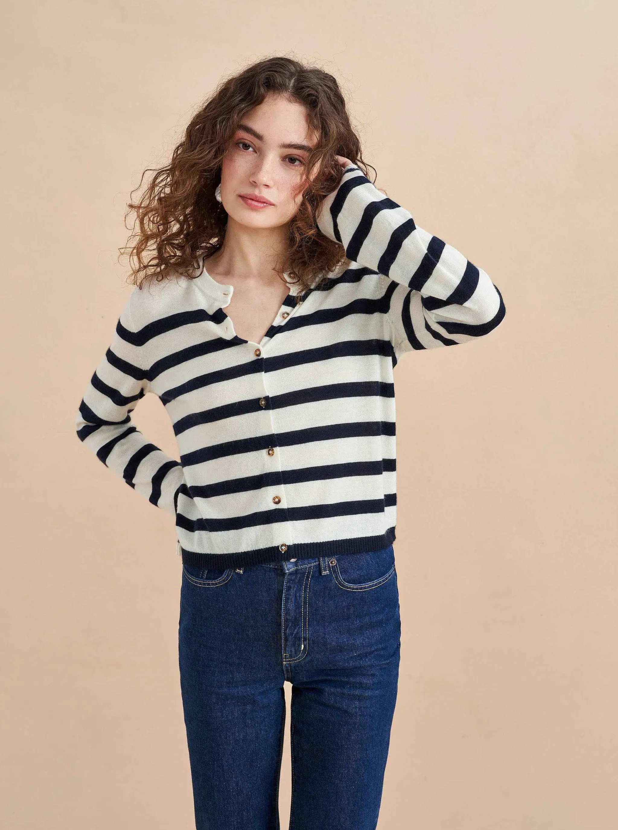 La Ligne Cardigans*Striped Featherweight Cardigan Cream/Navy