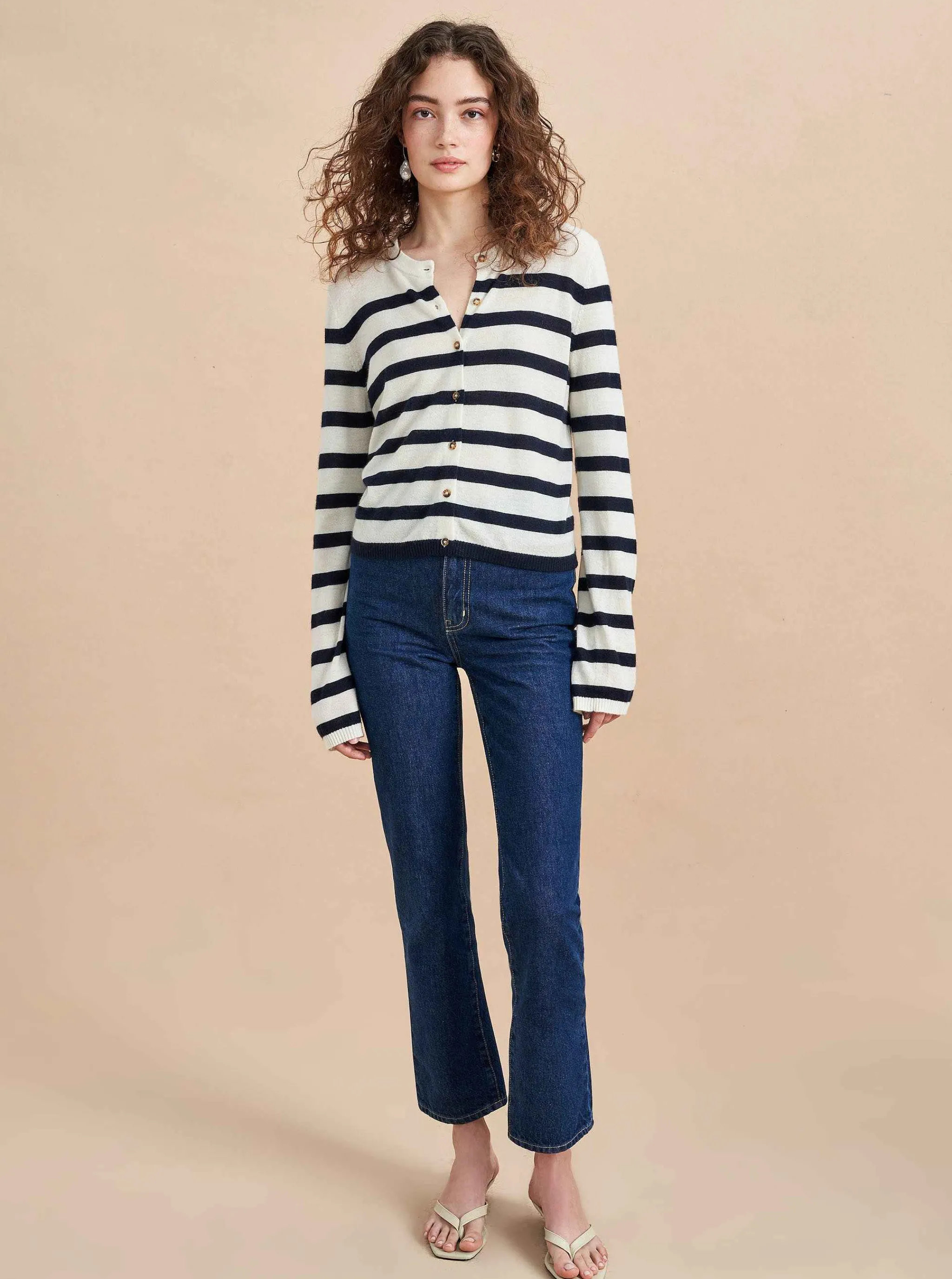 La Ligne Cardigans*Striped Featherweight Cardigan Cream/Navy