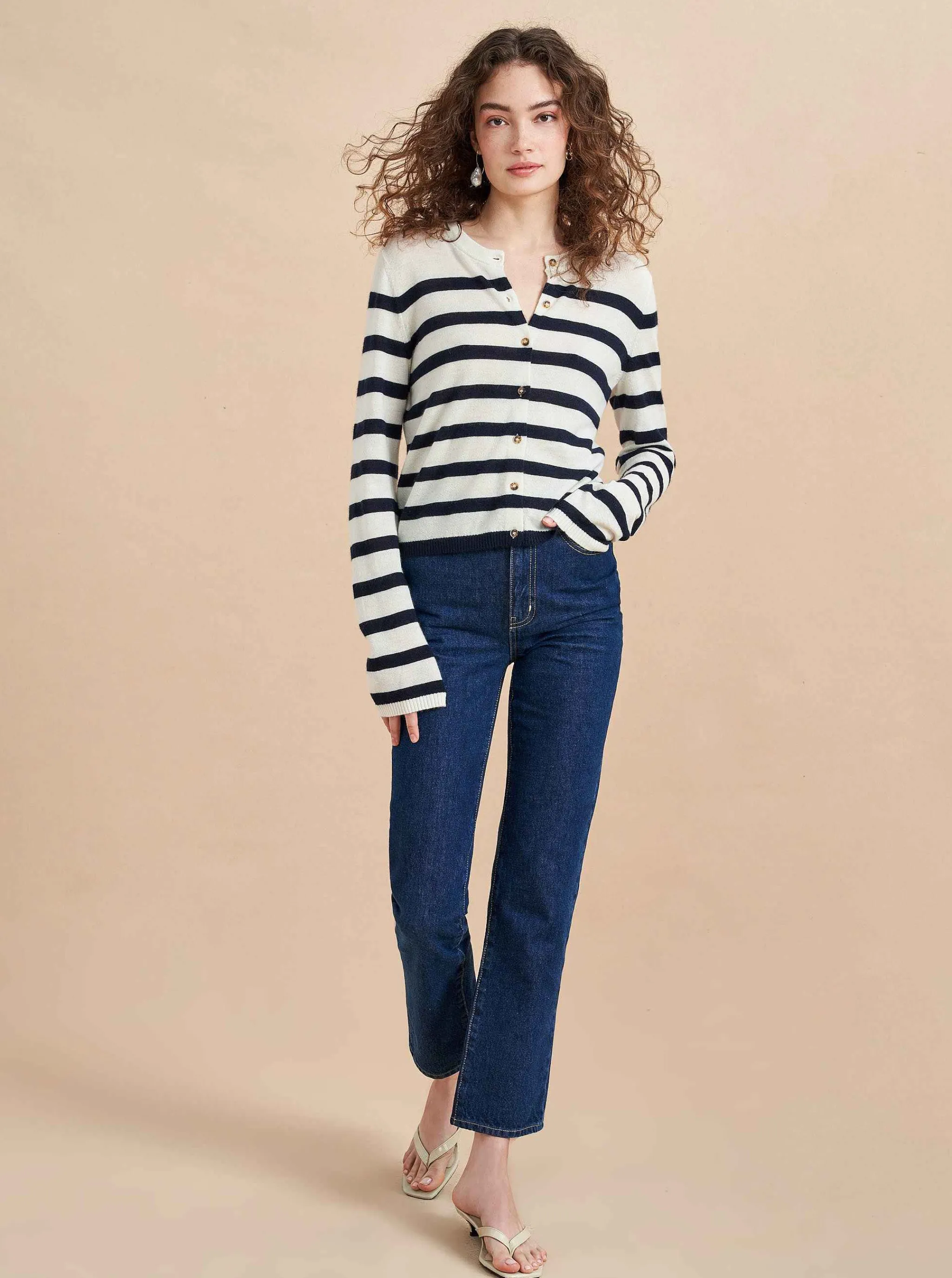 La Ligne Cardigans*Striped Featherweight Cardigan Cream/Navy