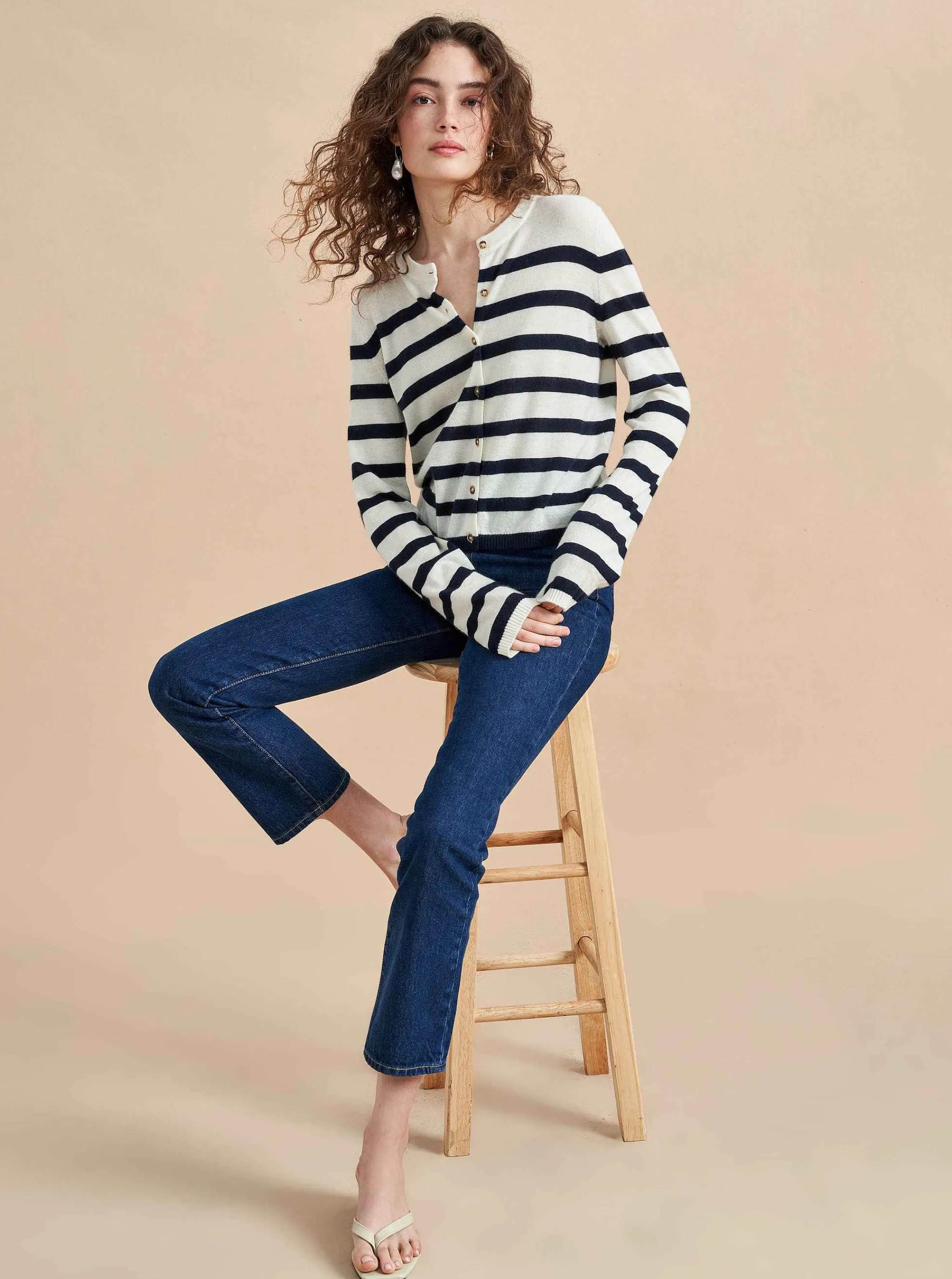 La Ligne Cardigans*Striped Featherweight Cardigan Cream/Navy