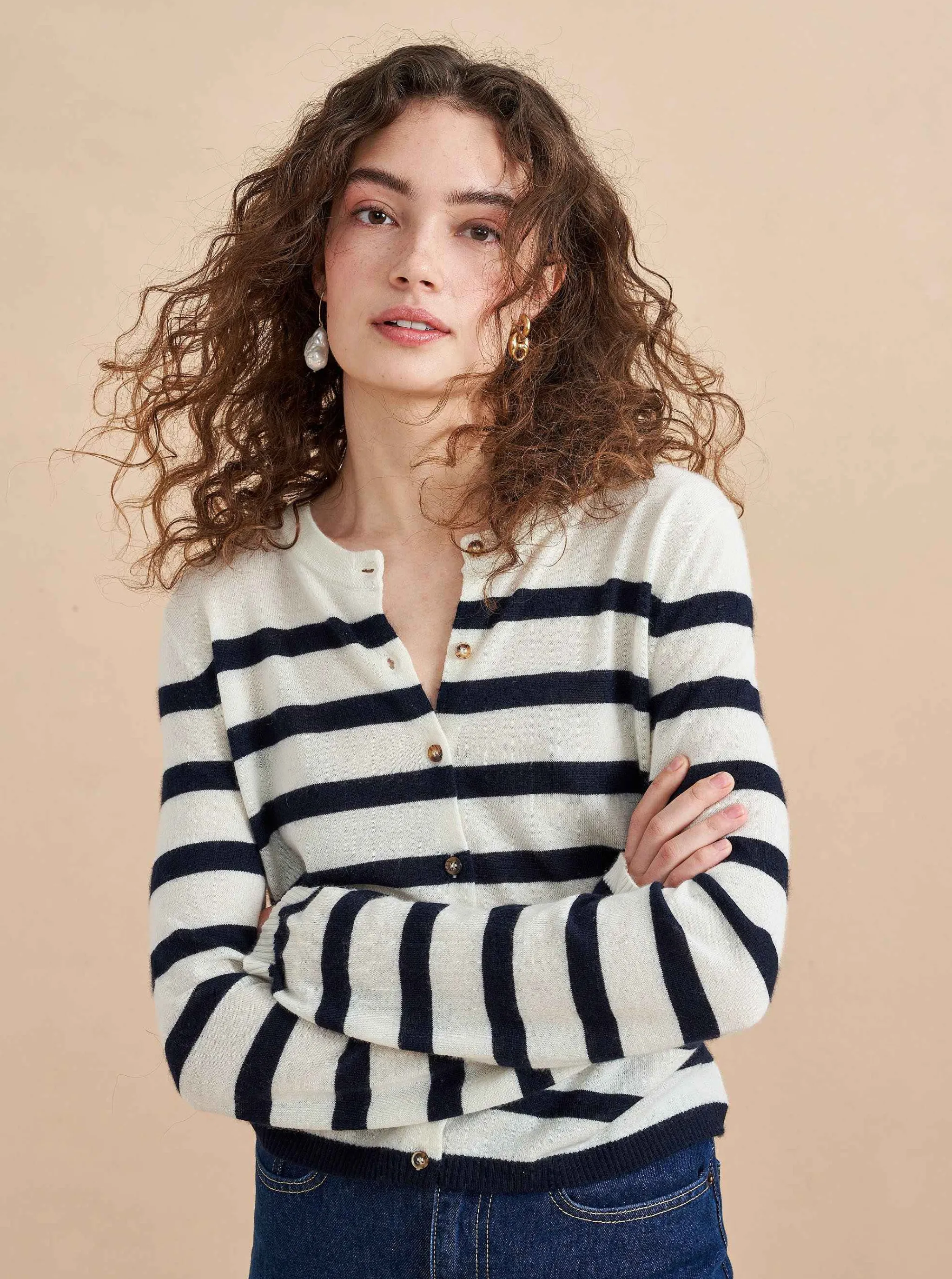 La Ligne Cardigans*Striped Featherweight Cardigan Cream/Navy