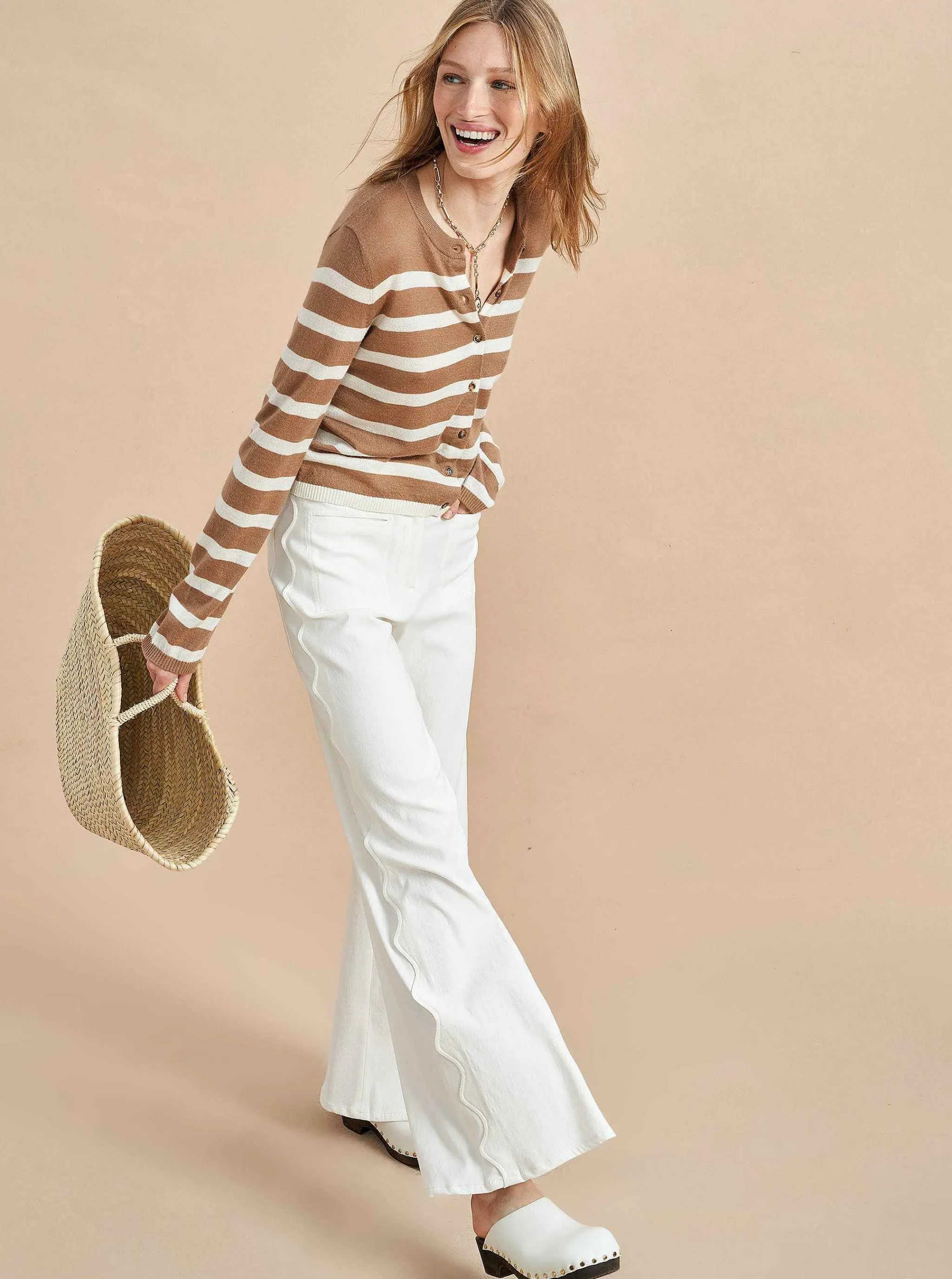 La Ligne Cardigans*Striped Featherweight Cardigan Tan/Cream